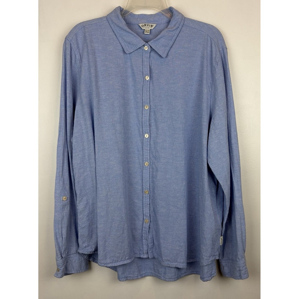 Orvis 100% Linen Button Up Shirt Womens Plus 2X Blue Roll Tab Sleeve Top Coastal